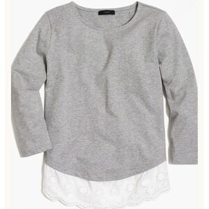 J. Crew Top Women's Small Eyelet Hem Tee 3/4 Sleeve Gray White Cotton